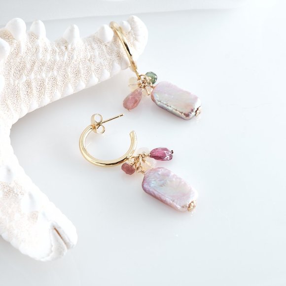Baroque Pearl & Opal Tourmaline Cluster Earrings, 14K Gold Filled Half Hoops - Picture 5 of 10